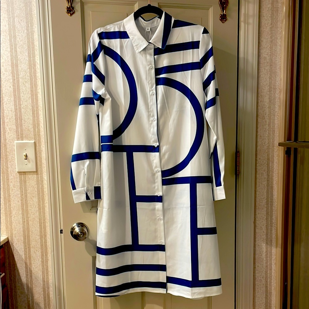 Blue and White Long Sleeve Buttoned Dress